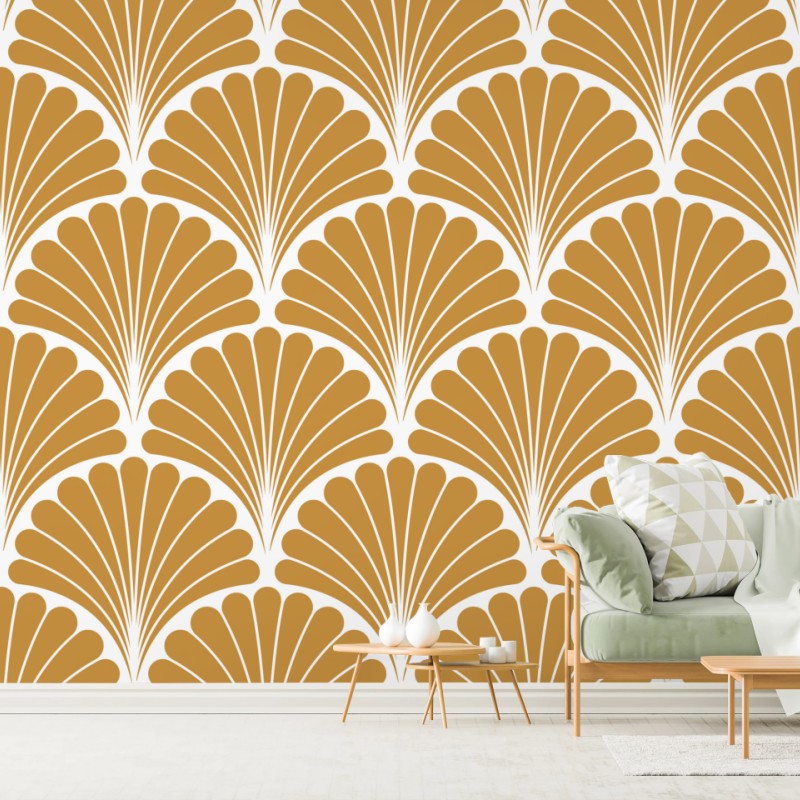 Carta da parati elegante motivo art déco a conchiglia oro