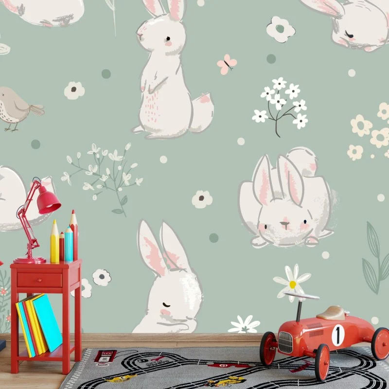 Carta da parati coniglietti pastello su sfondo verde
