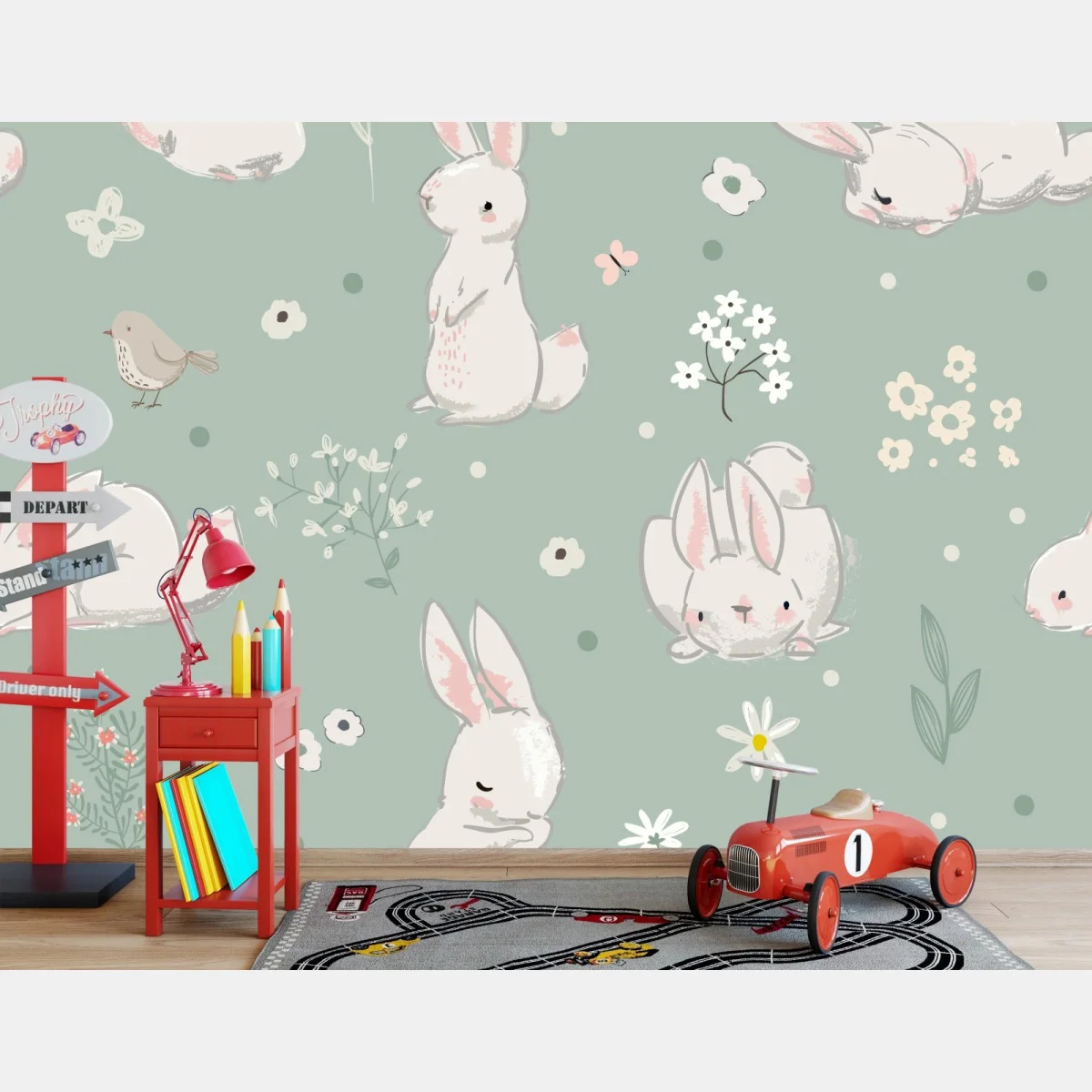 Carta da parati coniglietti pastello su sfondo verde • Wallissimo® Carta da parati coniglietti pastello su sfondo verde • Wallissimo®