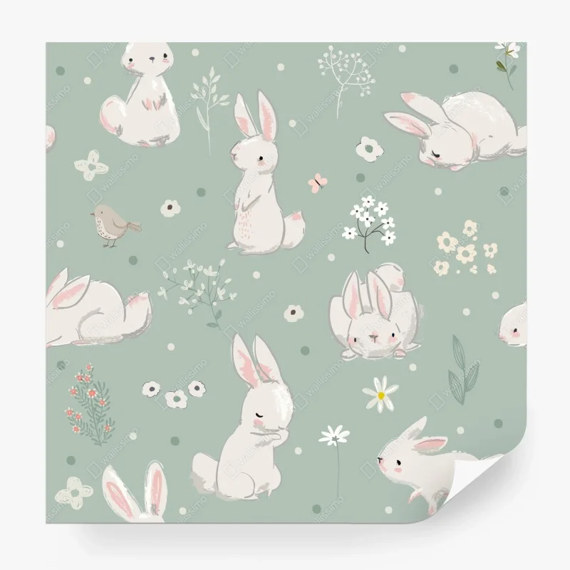 Carta da parati coniglietti pastello su sfondo verde