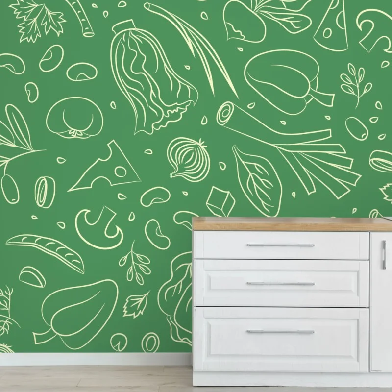 Carta da parati motivo di verdure e erbe aromatiche per cucina