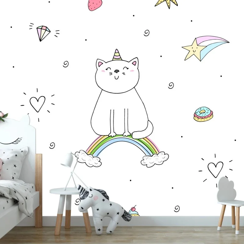 Carta da parati gatto arcobaleno in stile kawaii