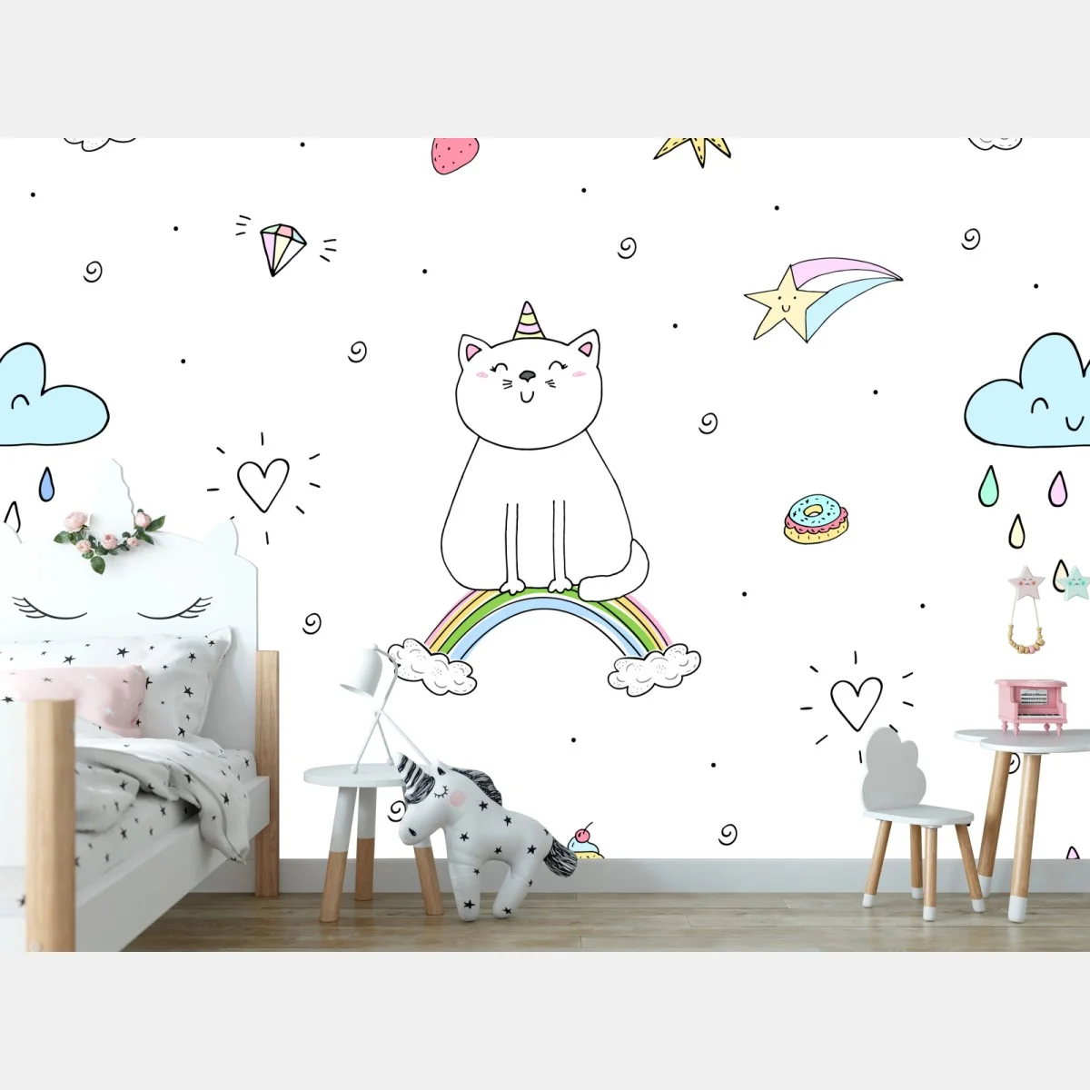Carta da parati gatto arcobaleno in stile kawaii • Wallissimo® Carta da parati gatto arcobaleno in stile kawaii • Wallissimo®