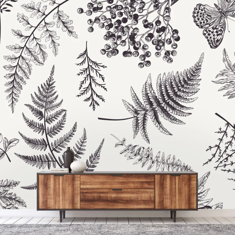 Carta da parati eleganza botanica con felci e bacche