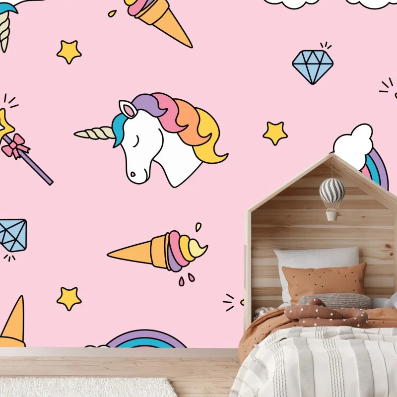 Carta da parati motivo magico di unicorni e arcobaleni su sfondo rosa
