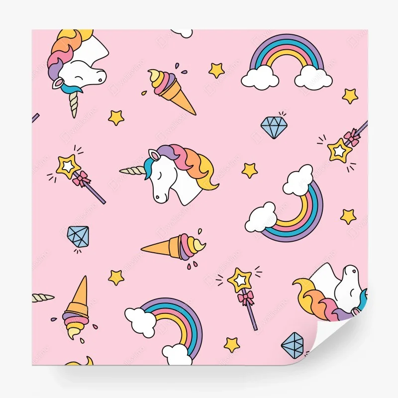 Carta da parati motivo magico di unicorni e arcobaleni su sfondo rosa
