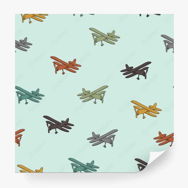 Carta da parati cieli vintage con biplani colorati