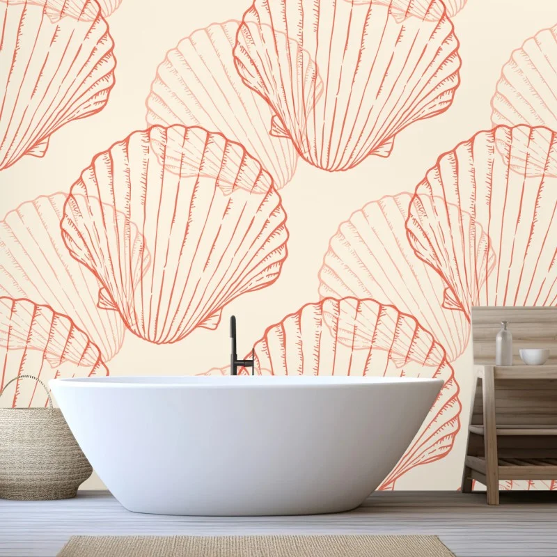 Carta da parati motivo di conchiglie corallo su sfondo beige