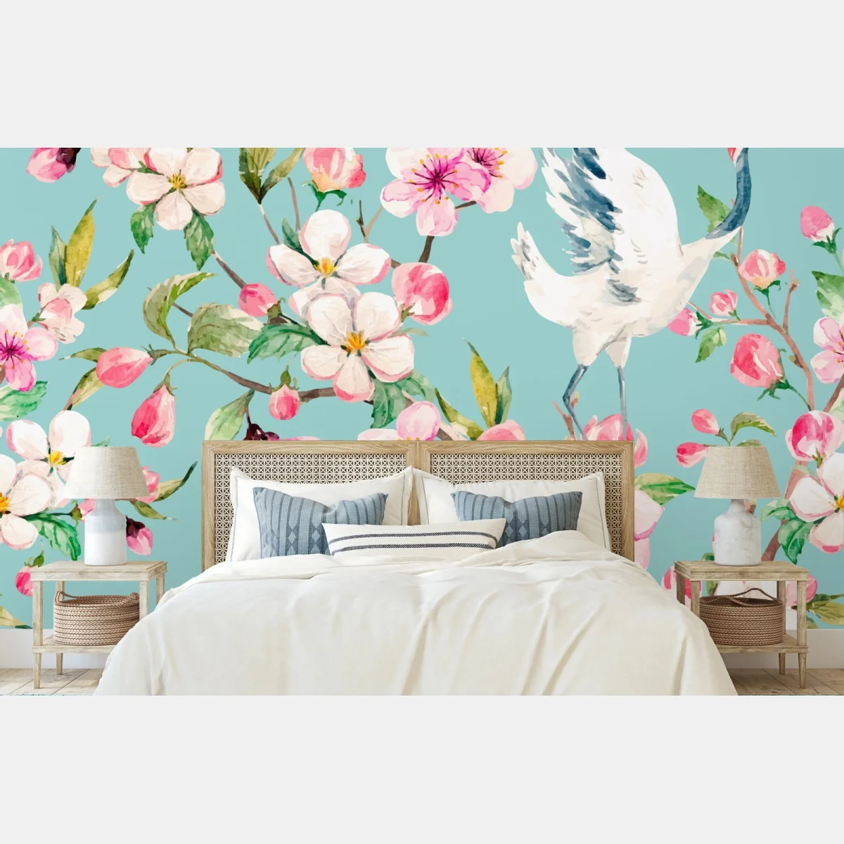 Carta da parati composizione primaverile con gru e fiori di ciliegio • Wallissimo® Carta da parati composizione primaverile con gru e fiori di ciliegio • Wallissimo®