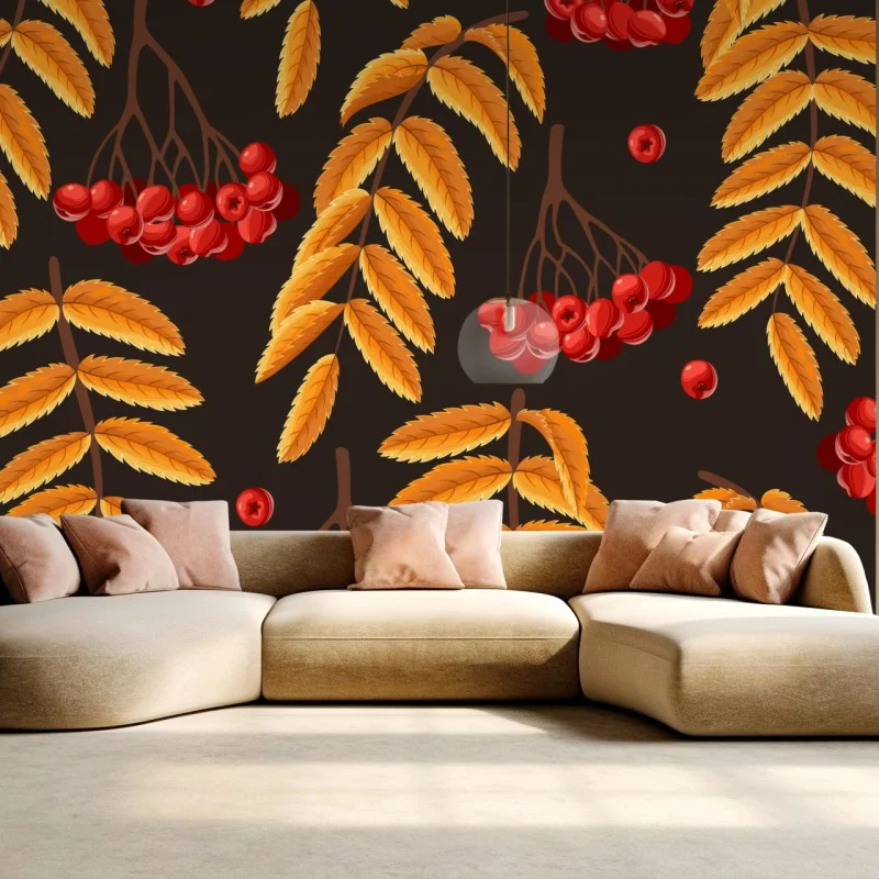 Carta da parati motivo autunnale con bacche rosse e foglie dorate