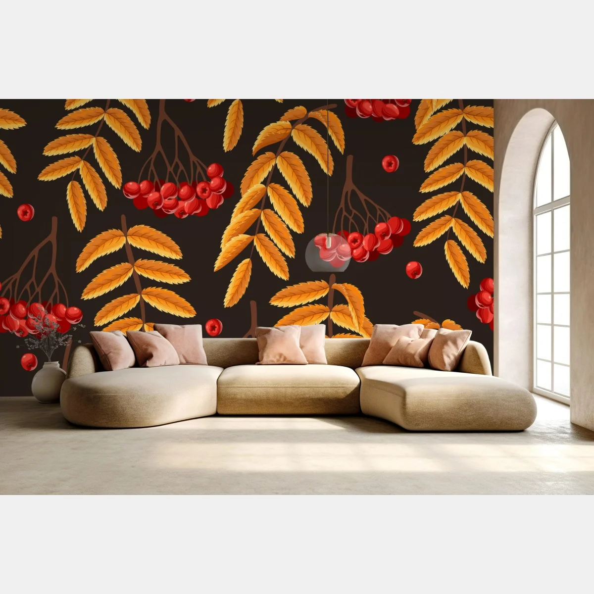 Carta da parati motivo autunnale con bacche rosse e foglie dorate • Wallissimo® Carta da parati motivo autunnale con bacche rosse e foglie dorate • Wallissimo®