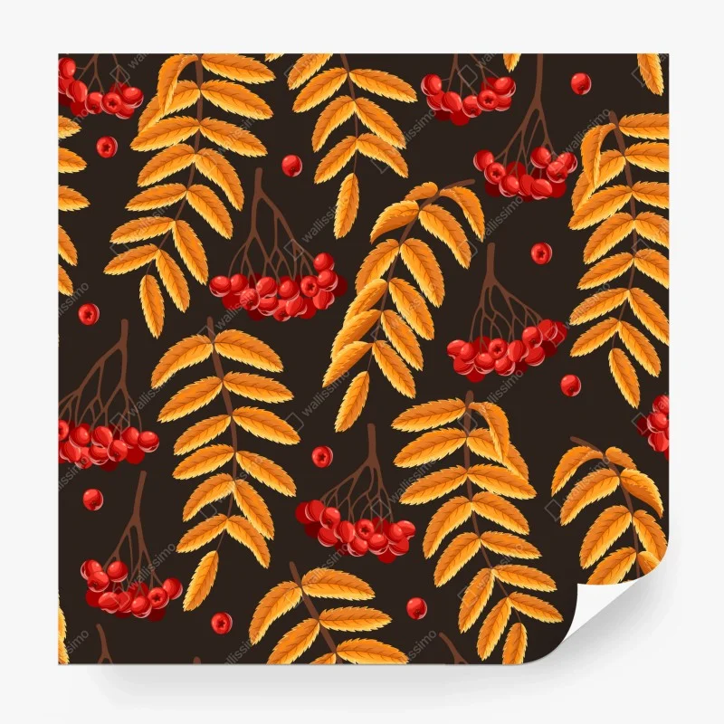 Carta da parati motivo autunnale con bacche rosse e foglie dorate