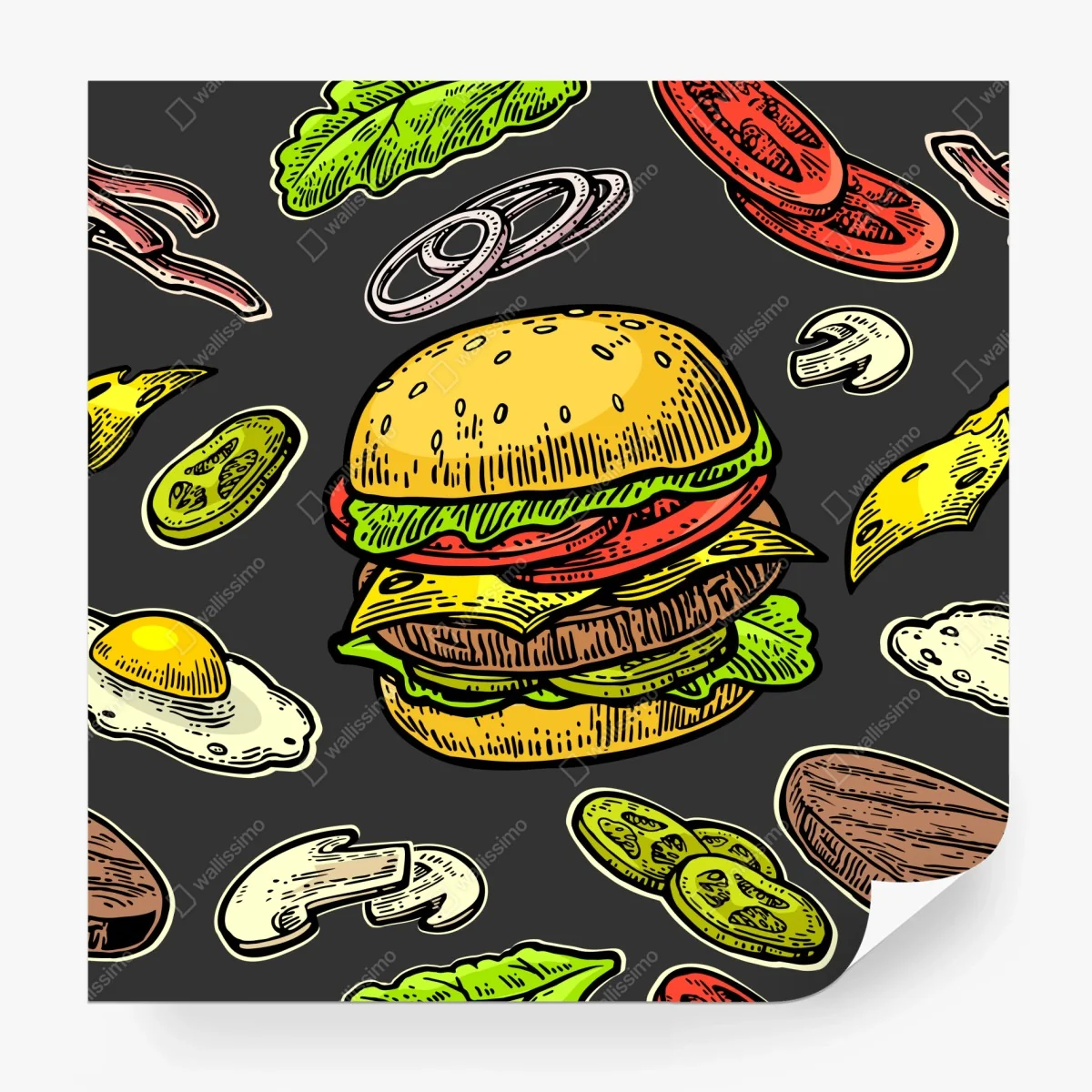 Carta da parati hamburger e ingredienti in stile vintage • Wallissimo® Carta da parati hamburger e ingredienti in stile vintage • Wallissimo®