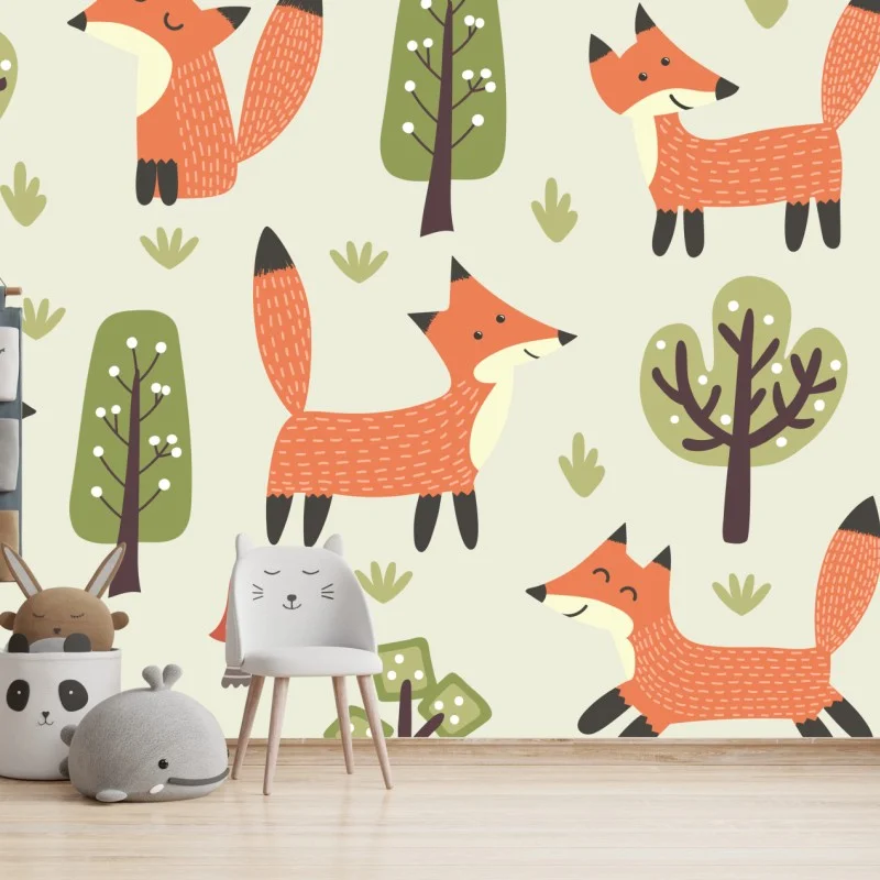 Carta da parati volpi nella foresta motivo illustrato per bambini