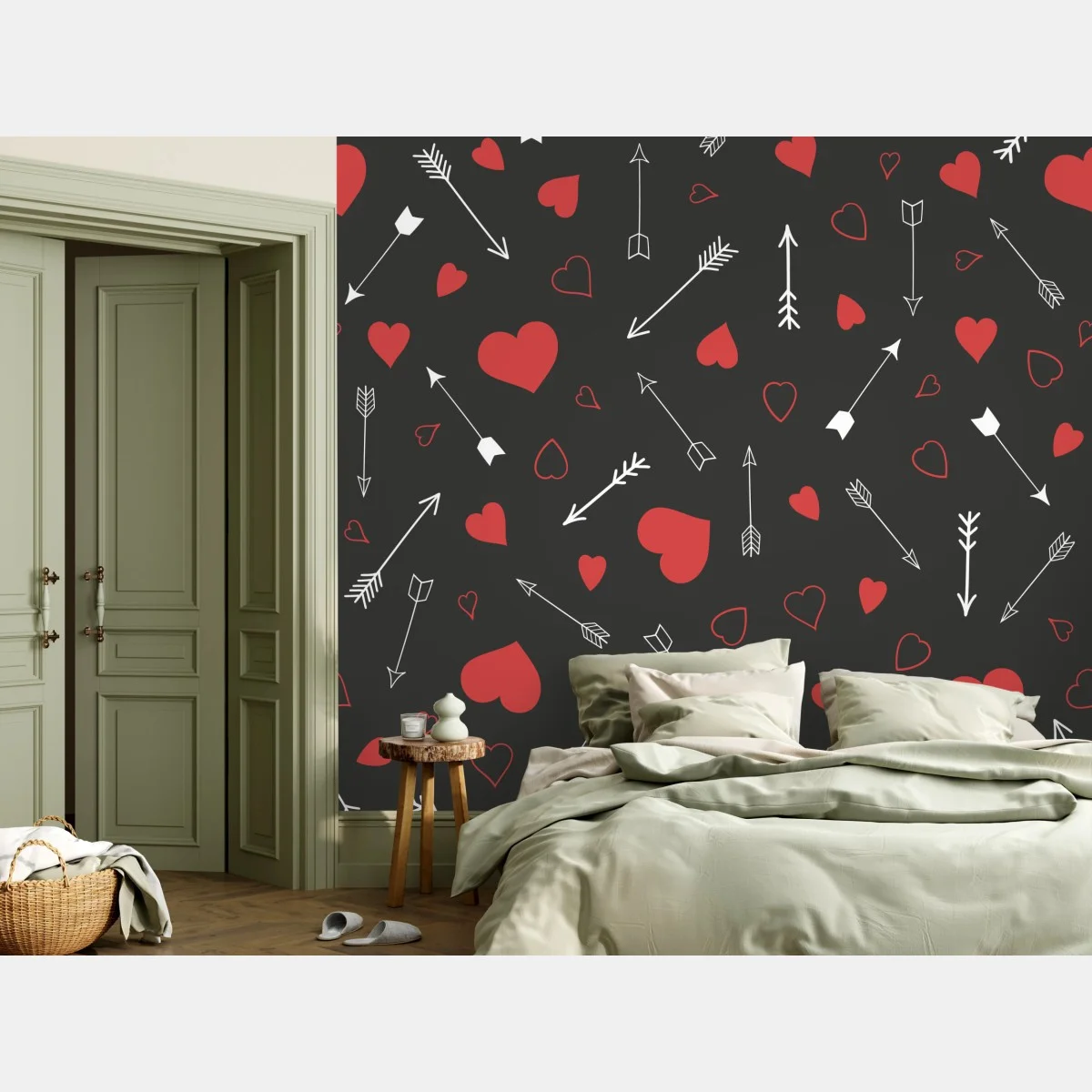 Carta da parati motivo romantico con cuori e frecce su sfondo scuro • Wallissimo® Carta da parati motivo romantico con cuori e frecce su sfondo scuro • Wallissimo®