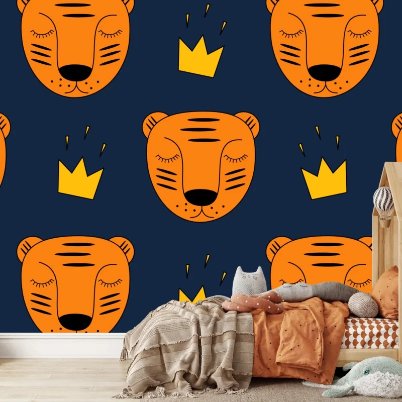 Carta da parati motivo tigre reale arancione su sfondo blu • Wallissimo®