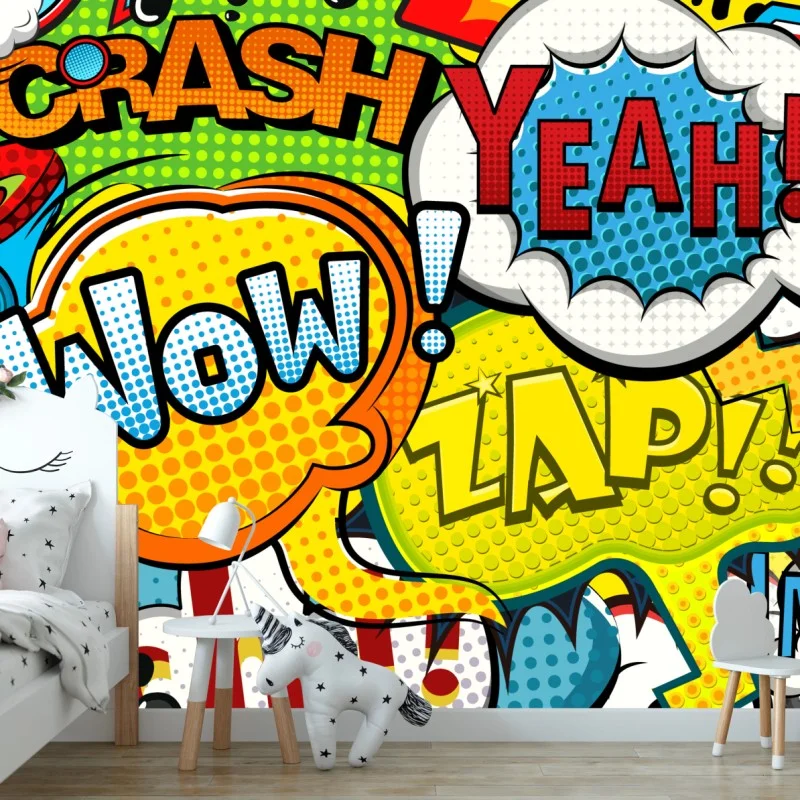 Carta da parati murales pop art con onomatopee colorate