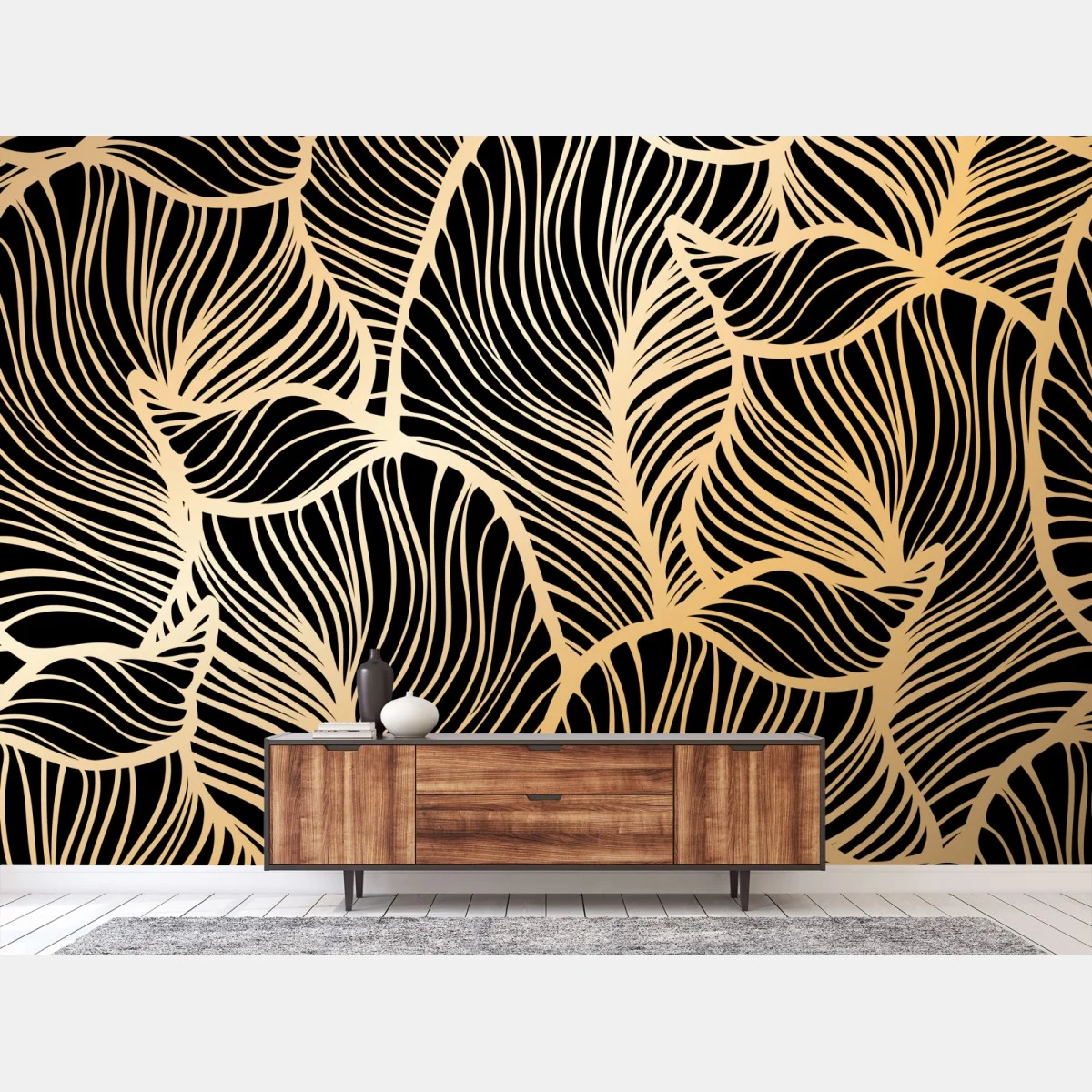 Carta da parati motivo foglie dorate su sfondo nero • Wallissimo® Carta da parati motivo foglie dorate su sfondo nero • Wallissimo®