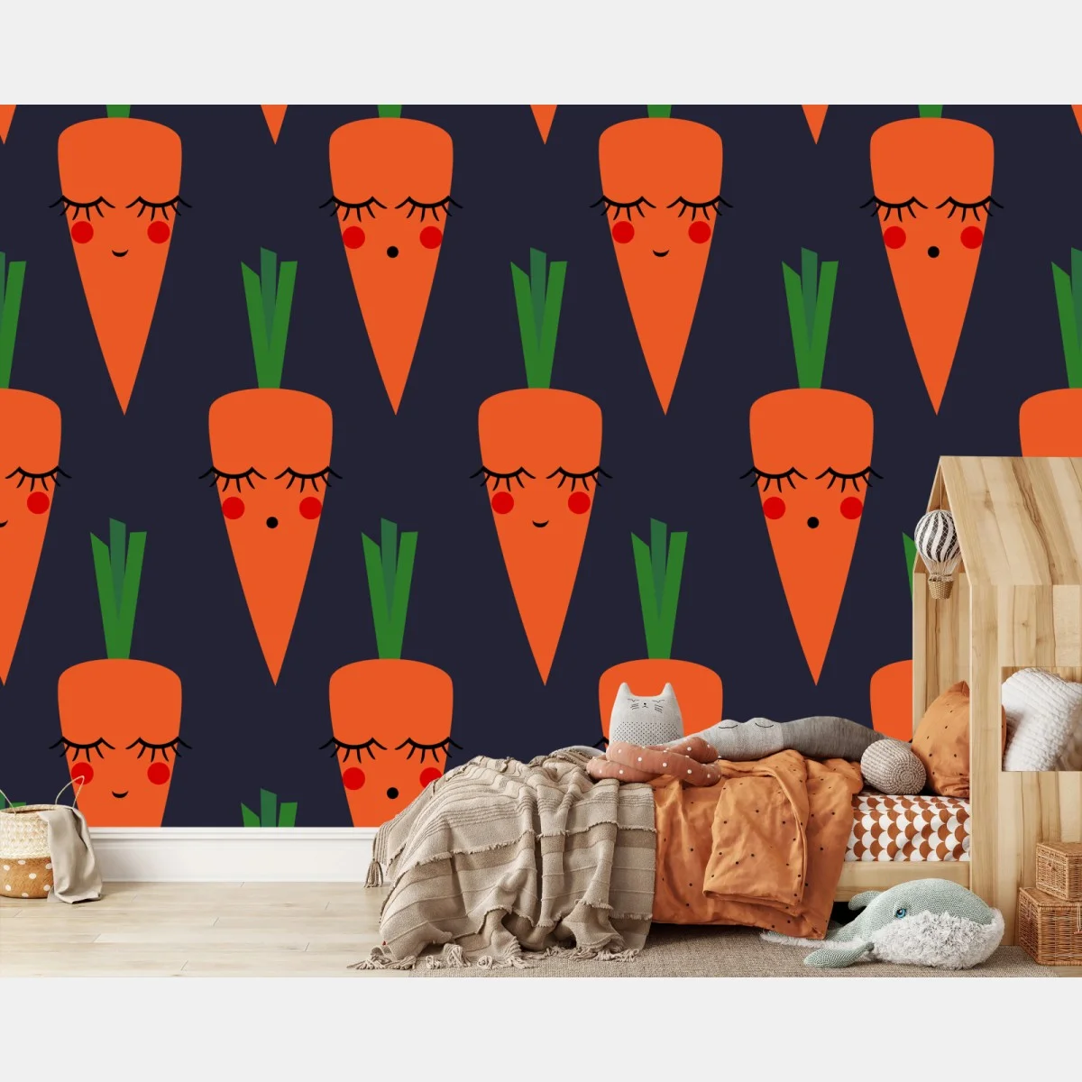 Carta da parati motivo carote sorridenti su sfondo scuro • Wallissimo® Carta da parati motivo carote sorridenti su sfondo scuro • Wallissimo®
