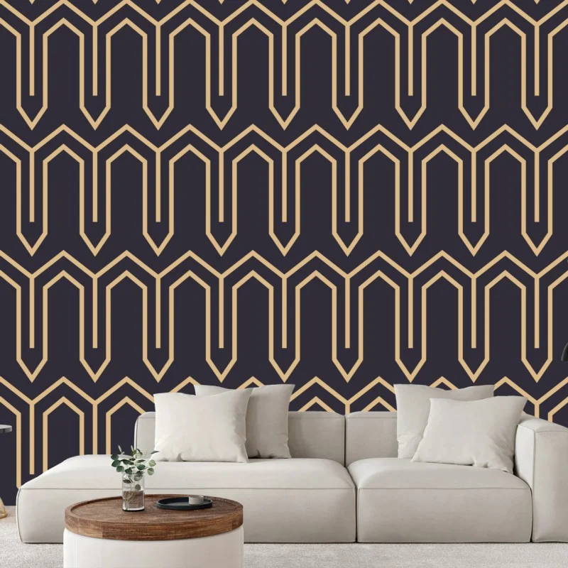 Carta da parati motivo geometrico art deco in oro su sfondo scuro