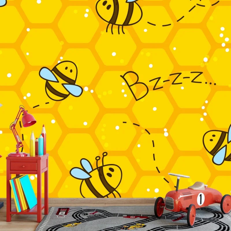 Carta da parati motivo allegro di api su sfondo a nido d'ape