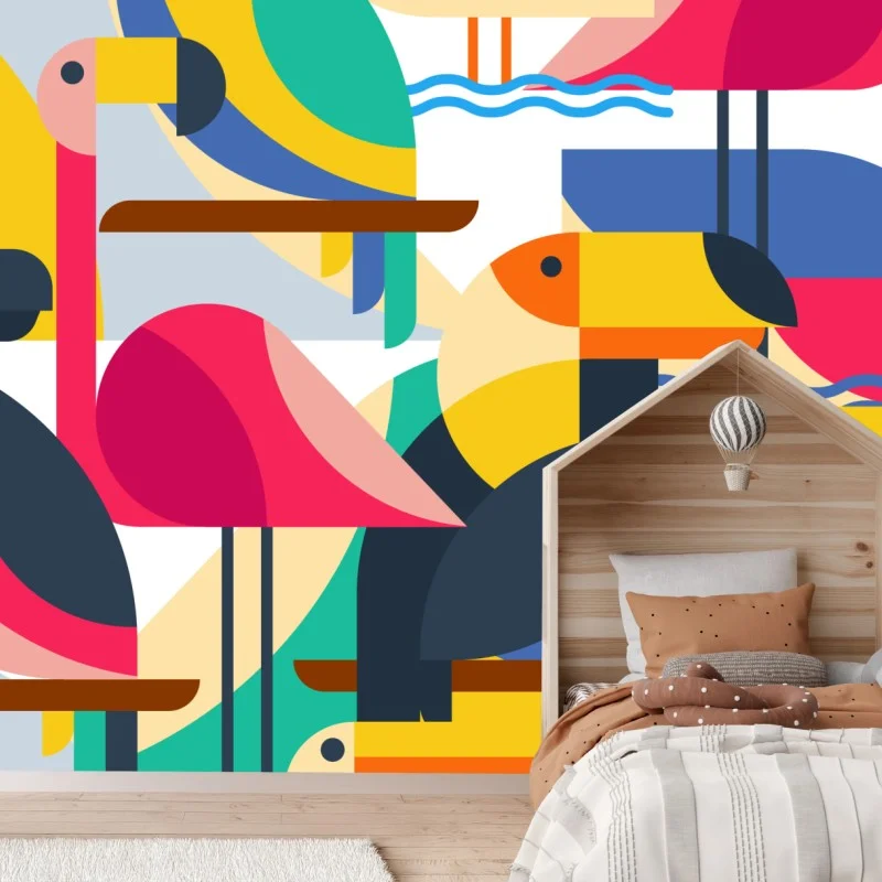 Carta da parati uccelli tropicali in stile geometrico