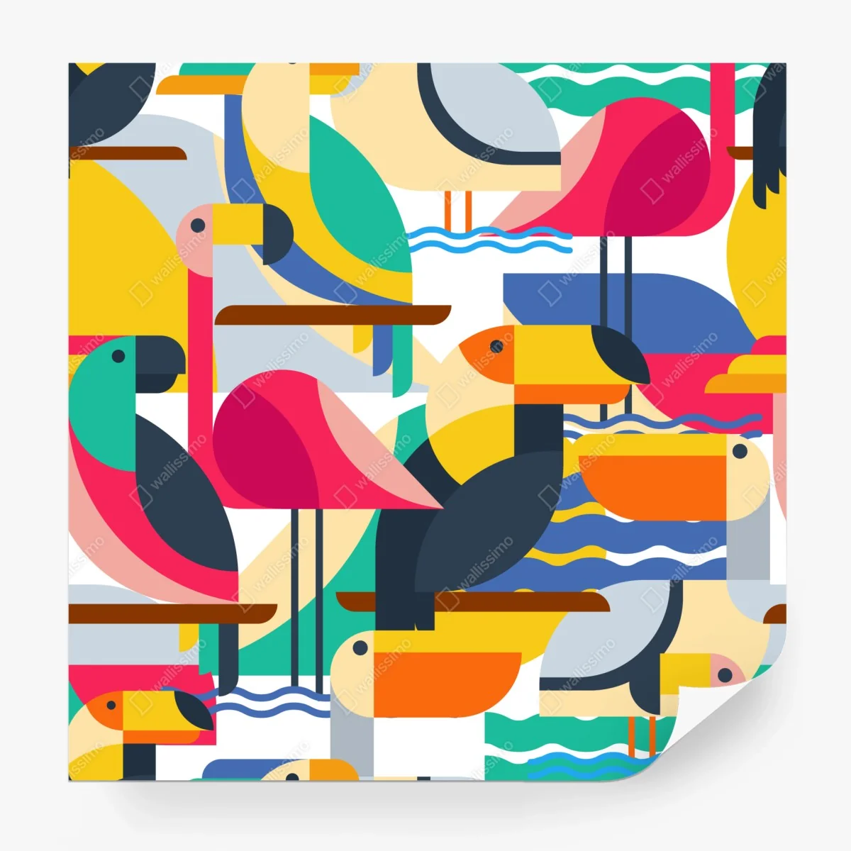 Carta da parati uccelli tropicali in stile geometrico • Wallissimo®