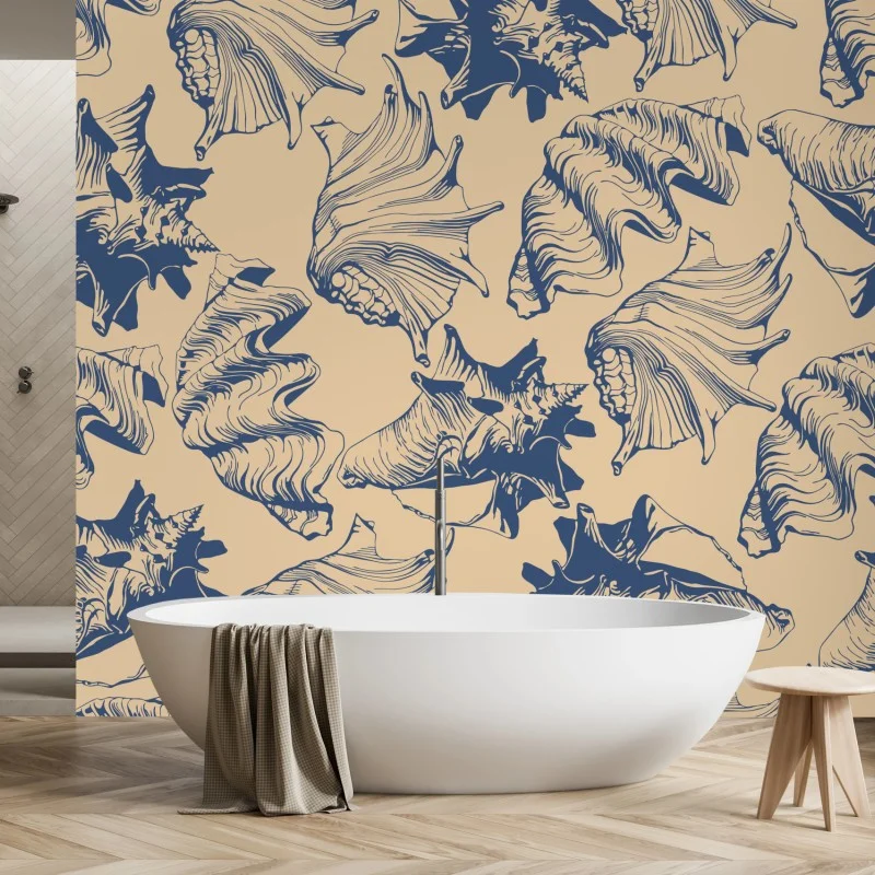 Carta da parati motivo conchiglie marino blu e beige