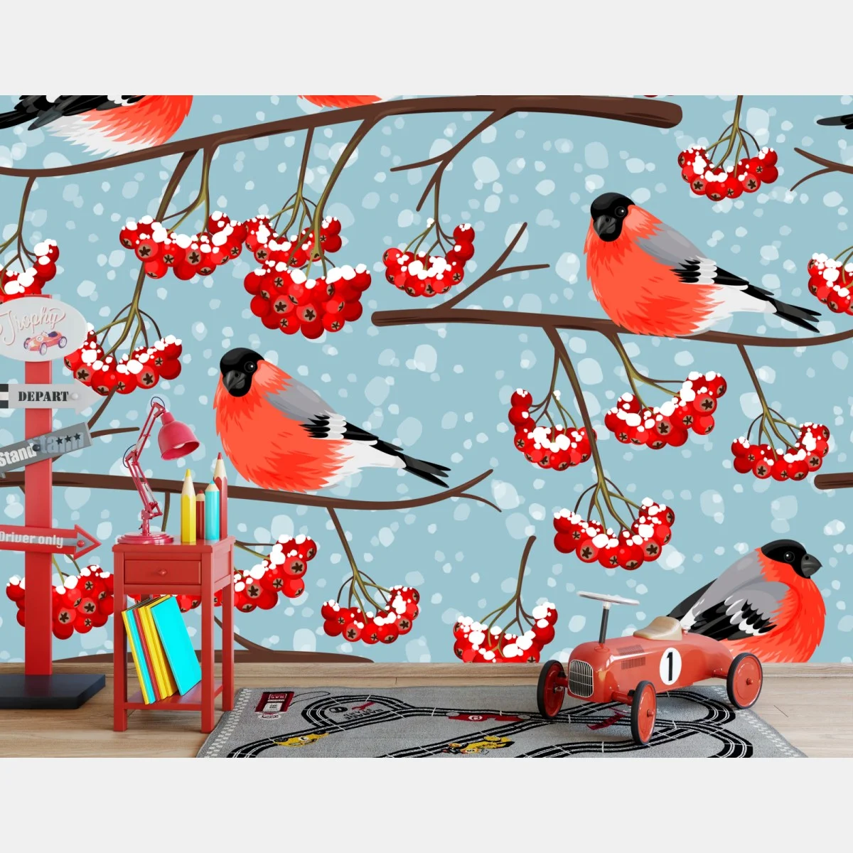 Carta da parati pattern invernale con frosone e bacche • Wallissimo® Carta da parati pattern invernale con frosone e bacche • Wallissimo®