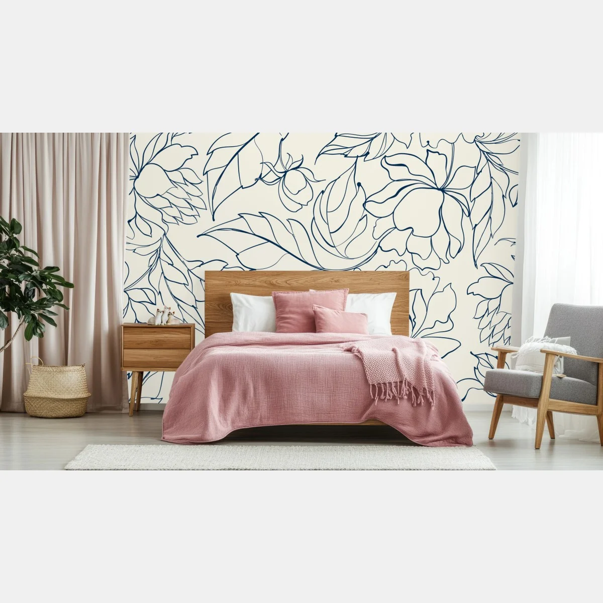 Carta da parati elegante motivo floreale blu su fondo crema • Wallissimo® Carta da parati elegante motivo floreale blu su fondo crema • Wallissimo®