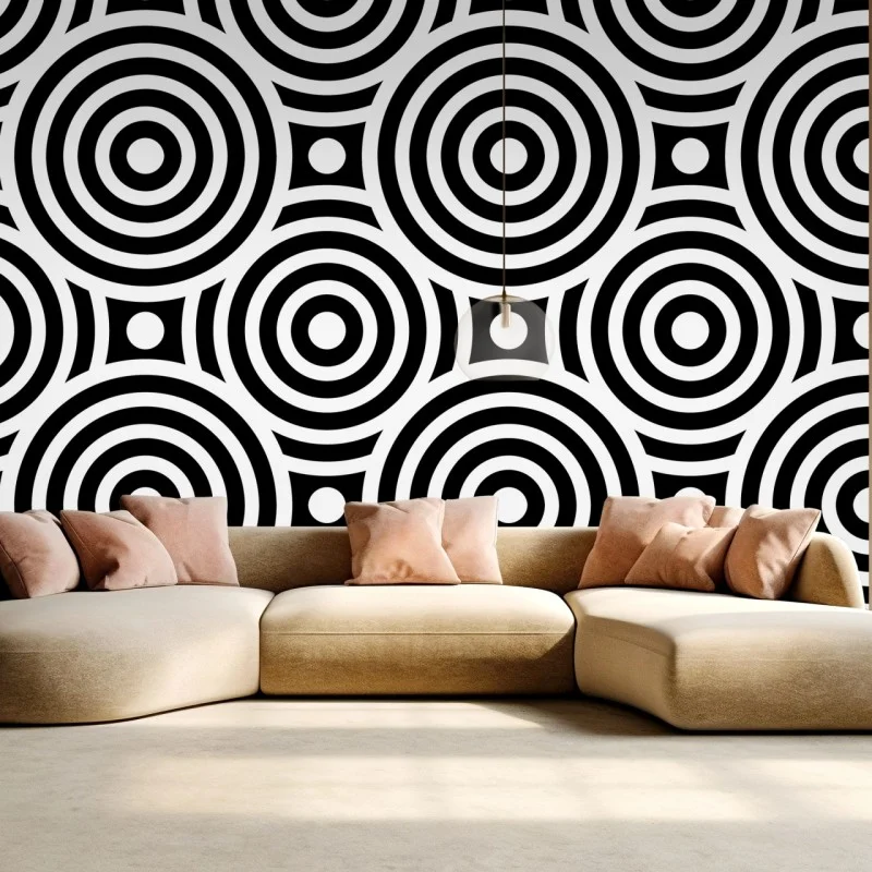 Carta da parati motivo optical a cerchi concentrici in bianco e nero