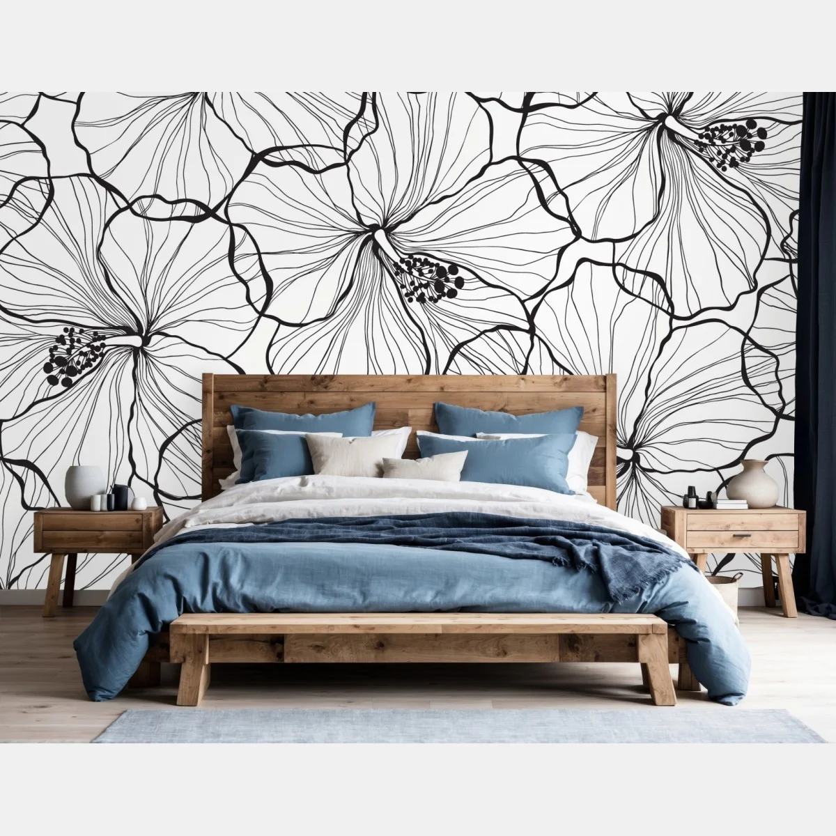 Carta da parati motivo floreale a linee sottili in bianco e nero • Wallissimo® Carta da parati motivo floreale a linee sottili in bianco e nero • Wallissimo®