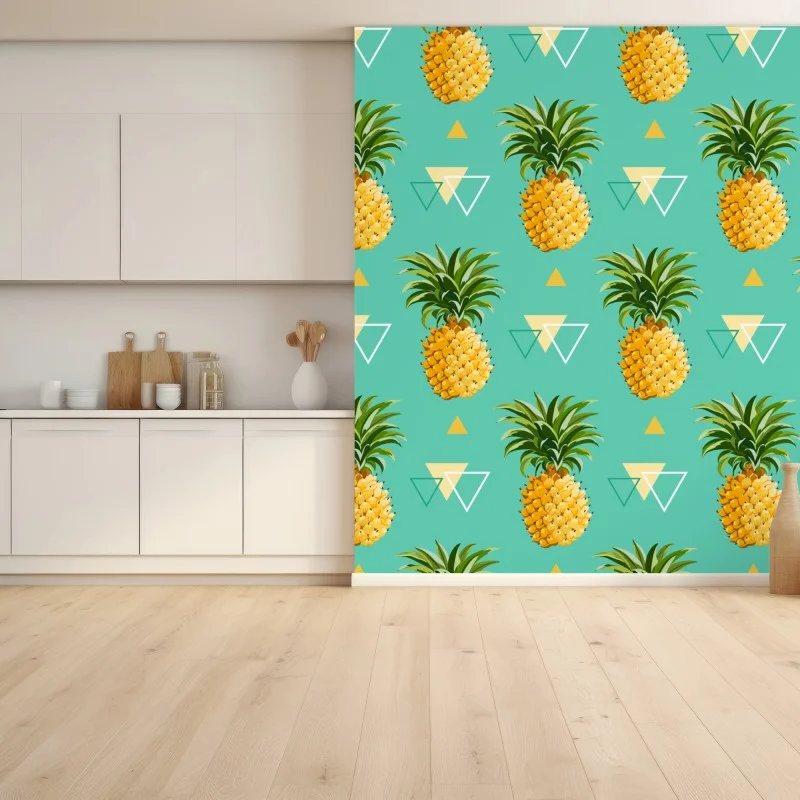 Carta da parati motivo ananas tropicale su sfondo turchese