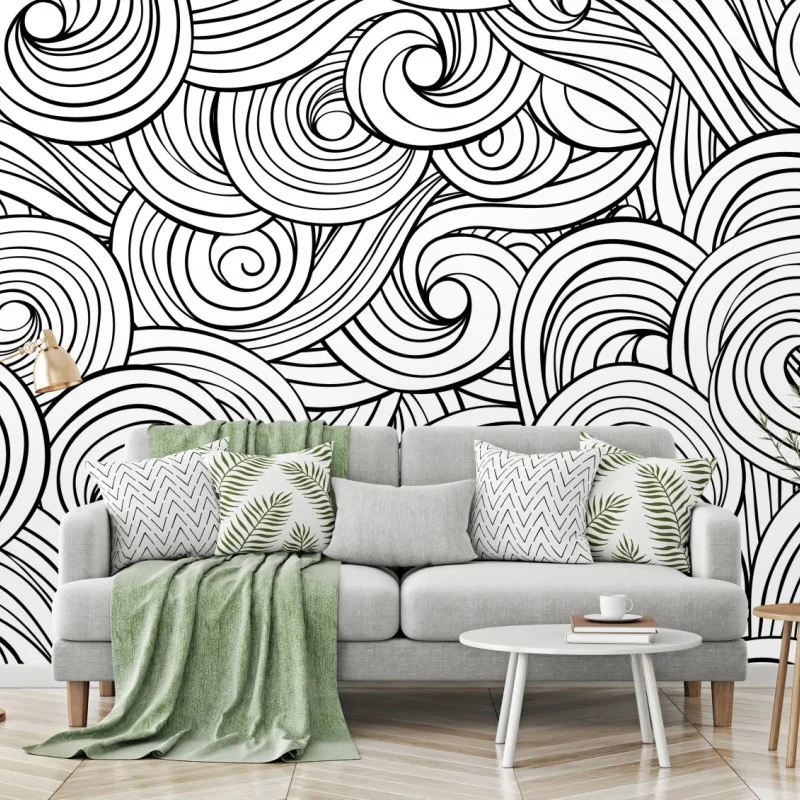 Carta da parati onde astratte a spirale in bianco e nero