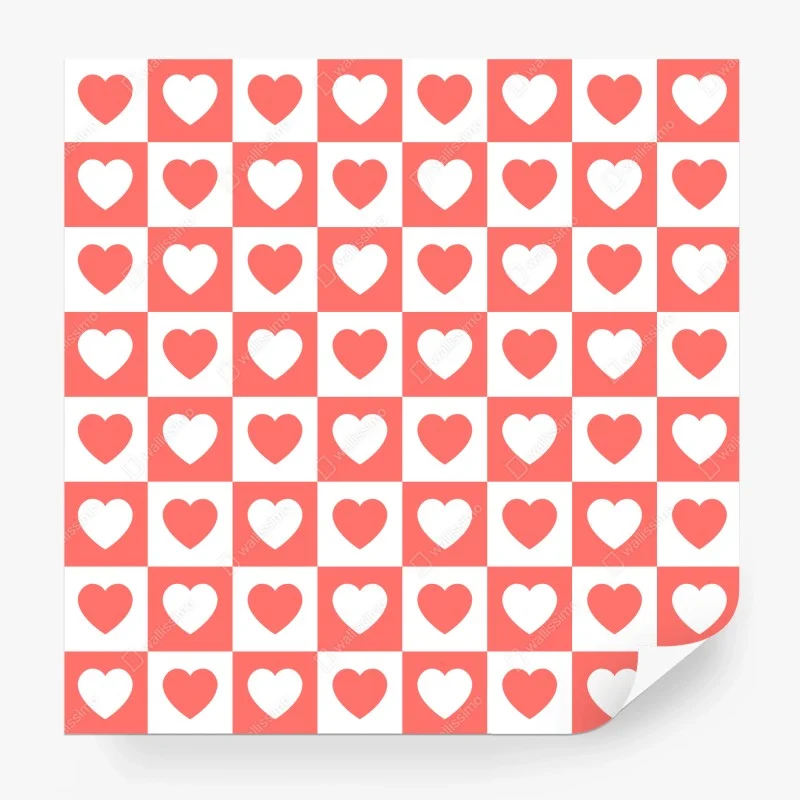 Carta da parati motivo a scacchi con cuori rosa