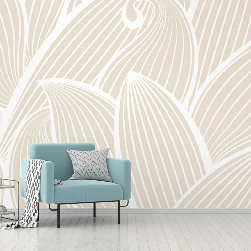 Carta da parati motivo a foglie minimalista beige e bianco