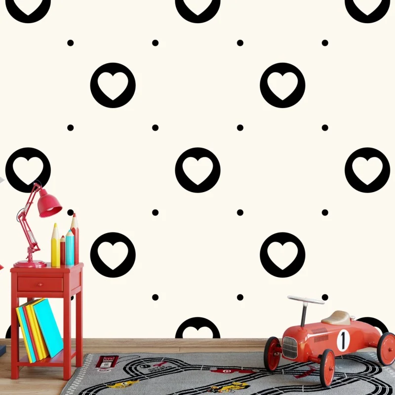 Carta da parati motivo di cuori minimal in bianco e nero