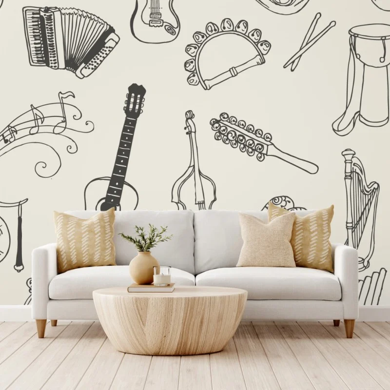 Carta da parati collage di strumenti musicali disegnati a mano