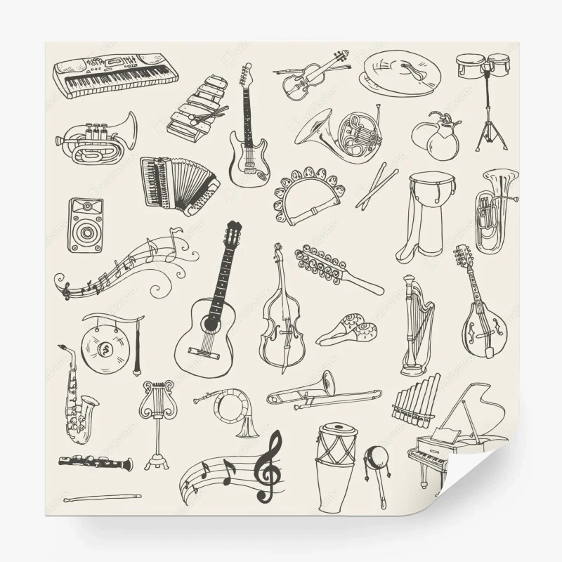 Carta da parati collage di strumenti musicali disegnati a mano
