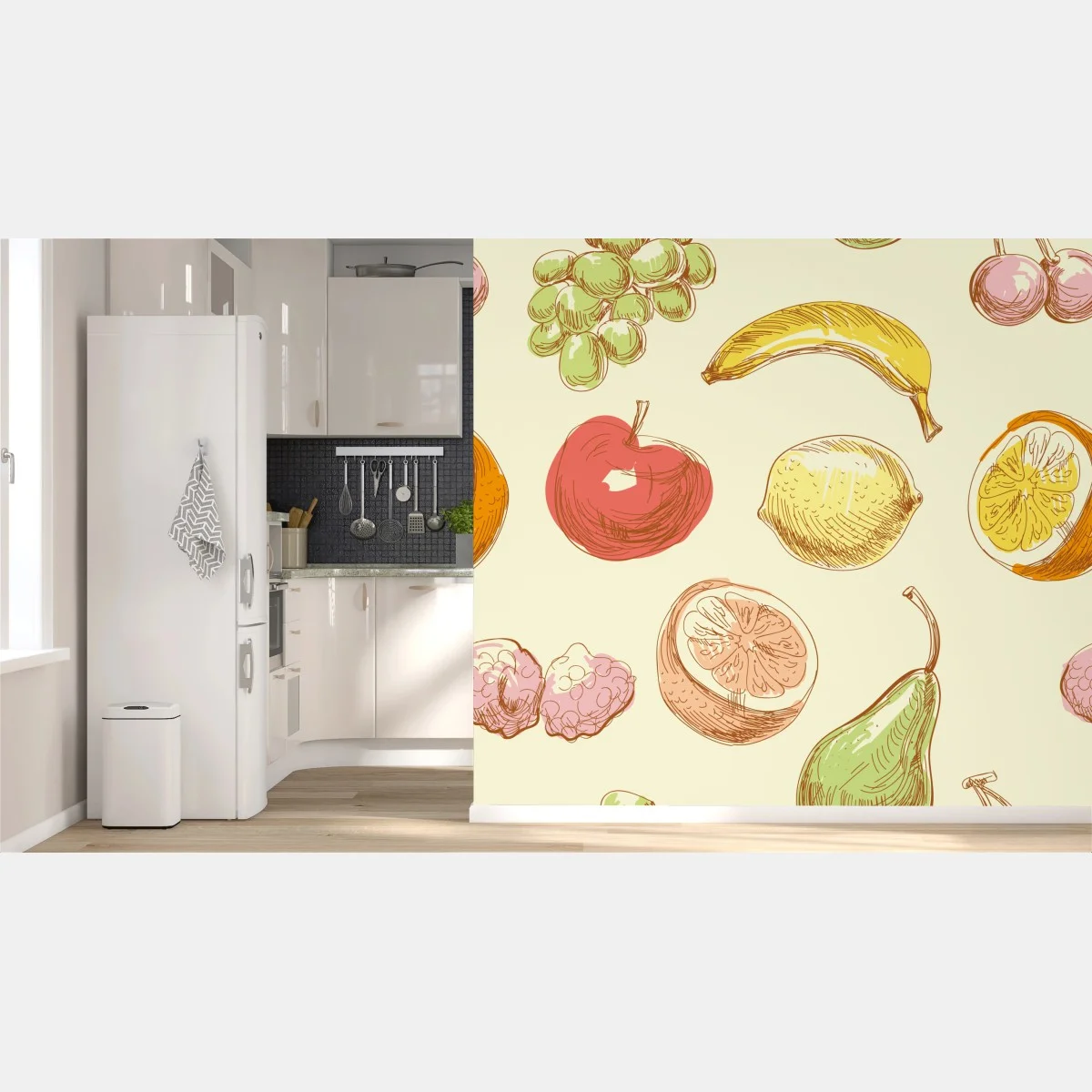 Carta da parati motivo frutta disegnata a mano in stile retrò • Wallissimo® Carta da parati motivo frutta disegnata a mano in stile retrò • Wallissimo®