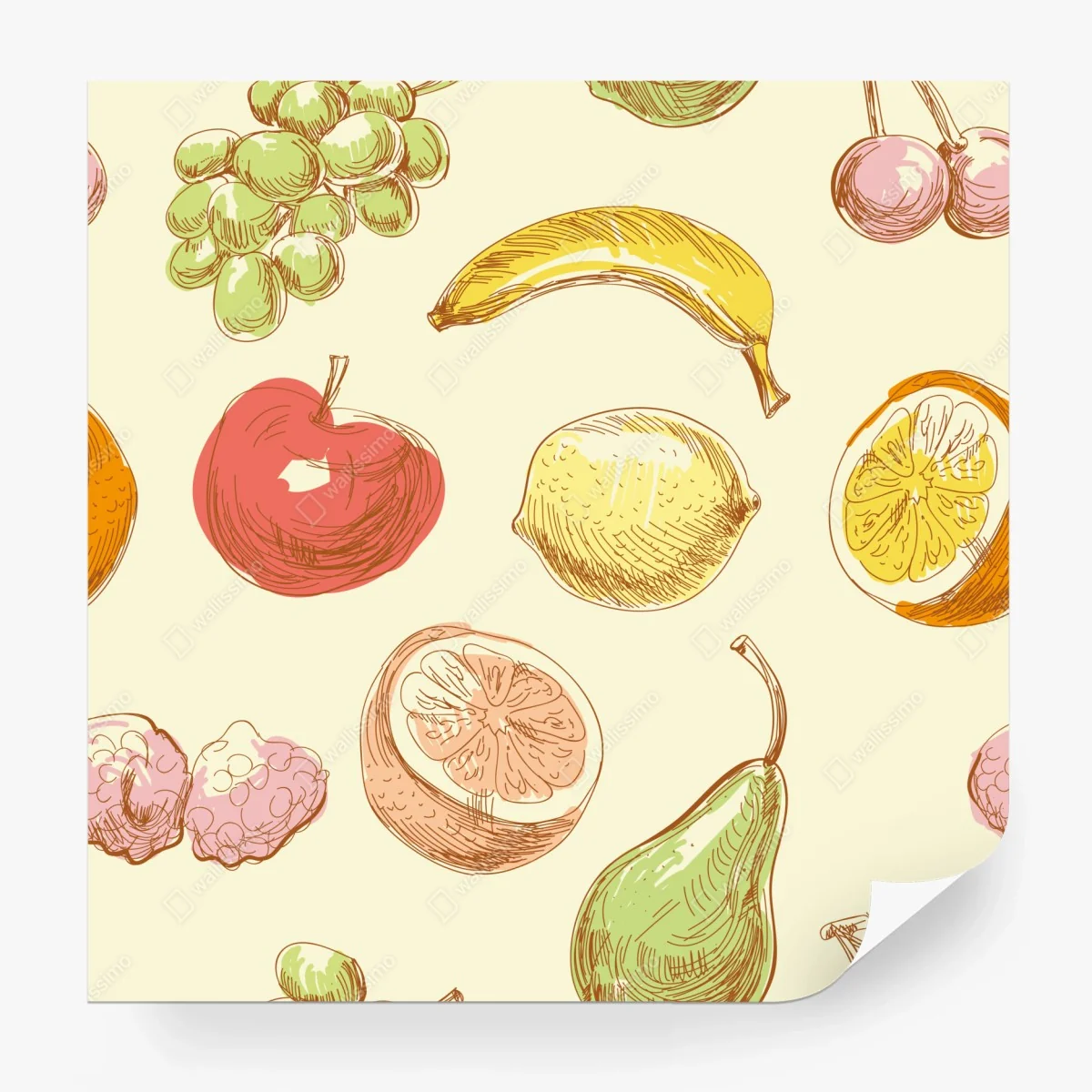 Carta da parati motivo frutta disegnata a mano in stile retrò • Wallissimo® Carta da parati motivo frutta disegnata a mano in stile retrò • Wallissimo®