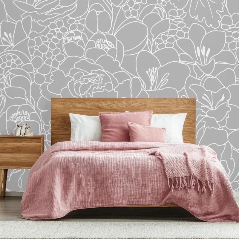 Carta da parati motivo floreale moderno in bianco e grigio