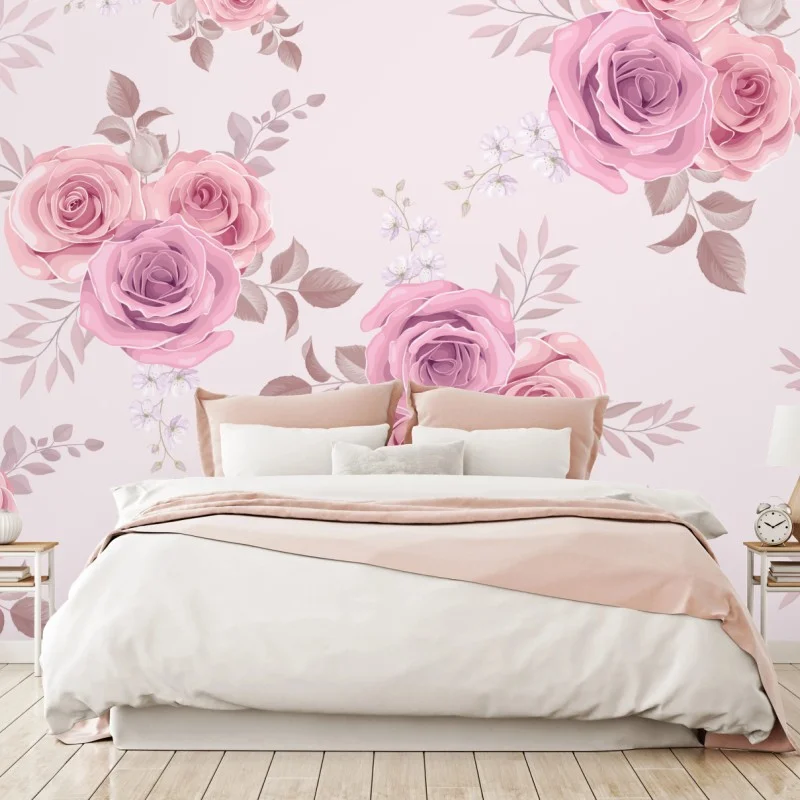 Carta da parati bouquet di rose rosa su fondo rosa pastello