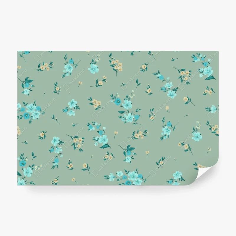 Carta da parati motivo floreale turchese su sfondo verde menta