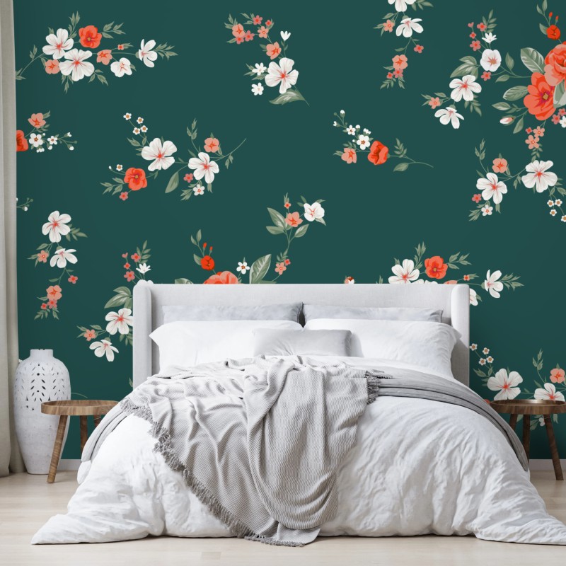 Carta da parati motivo floreale elegante su sfondo verde smeraldo