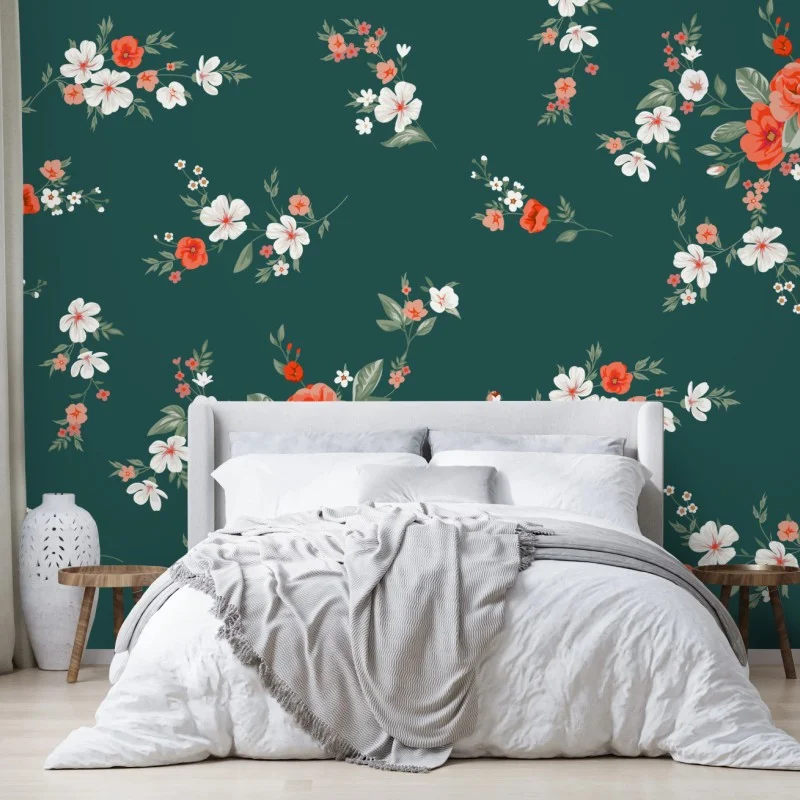 Carta da parati motivo floreale elegante su sfondo verde smeraldo
