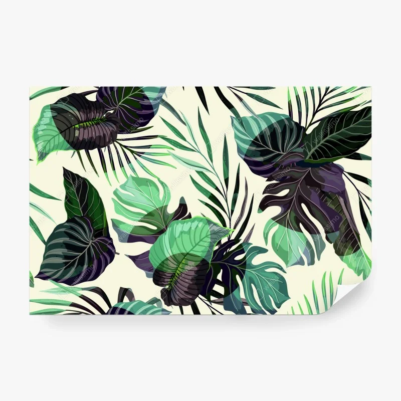 Carta da parati motivo foglie tropicali verde e nero su sfondo crema