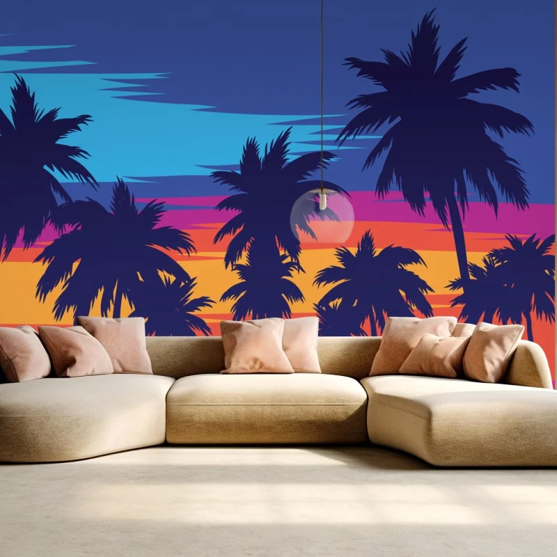 Carta da parati tramonto tropicale in stile retrò