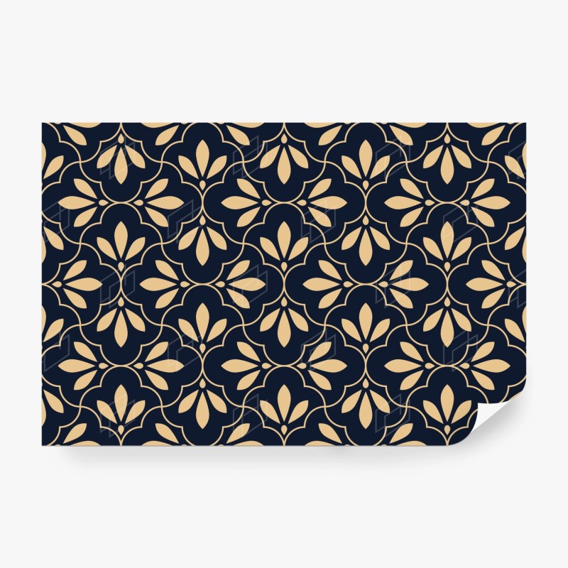 Carta da parati motivo ornamentale floreale blu navy e beige
