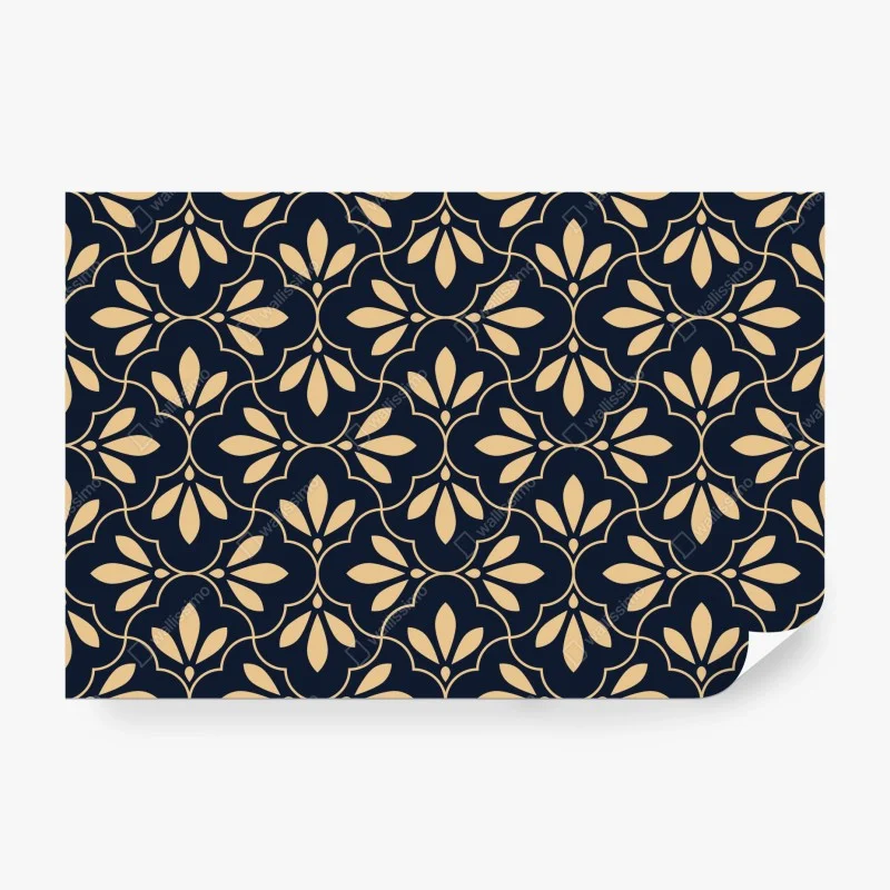 Carta da parati motivo ornamentale floreale blu navy e beige